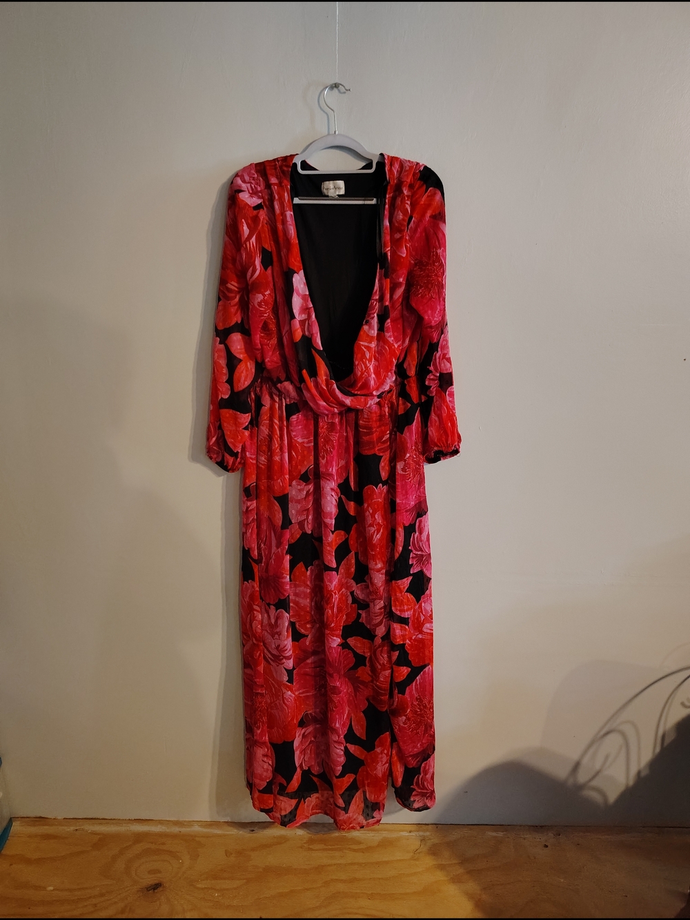 Floral Red and Black Maxi Dress with Draped V-Neck